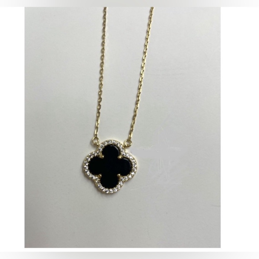 Rachel Zoe Gold Chain Necklace with Black Clover Pendant and Clear Stones